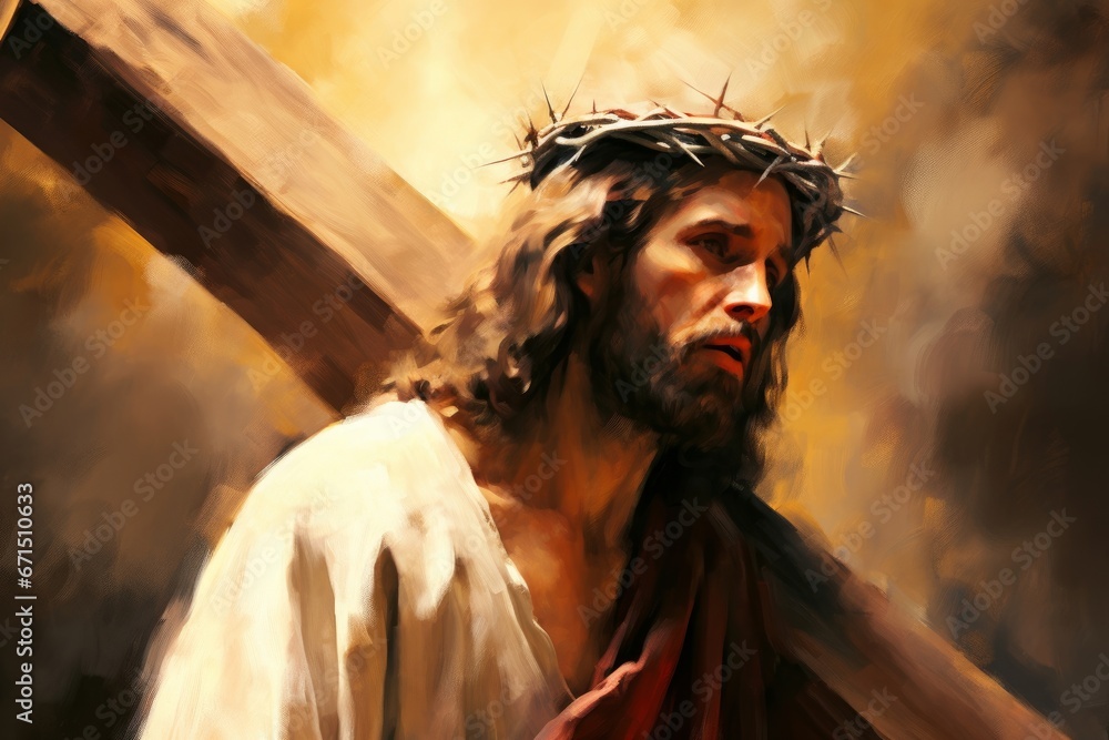 Jesus Christ carrying a heavy wooden cross to Calvary, Good Friday, Holy Easter, art painting, Happy easter. Christian symbol of faith, Generative AI