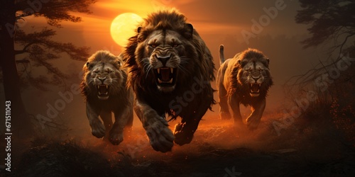 three lions running in a beautiful sunset 