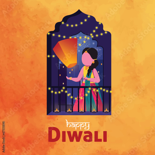 Happy Diwali Illustration with girl releasing sky lantern