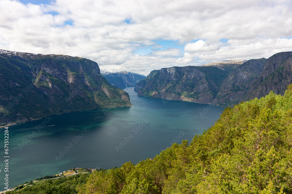 Fototapeta premium Aurlandsfjord fjord landscape, Norway Scandinavia. National tourist route Aurlandsfjellet
