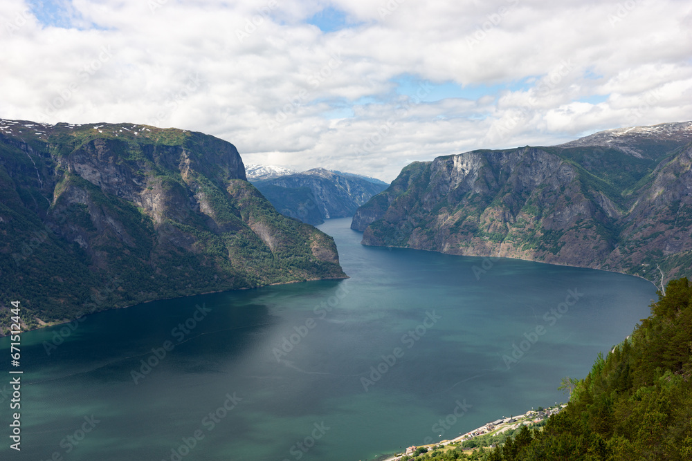 Aurlandsfjord fjord landscape, Norway Scandinavia. National tourist route Aurlandsfjellet