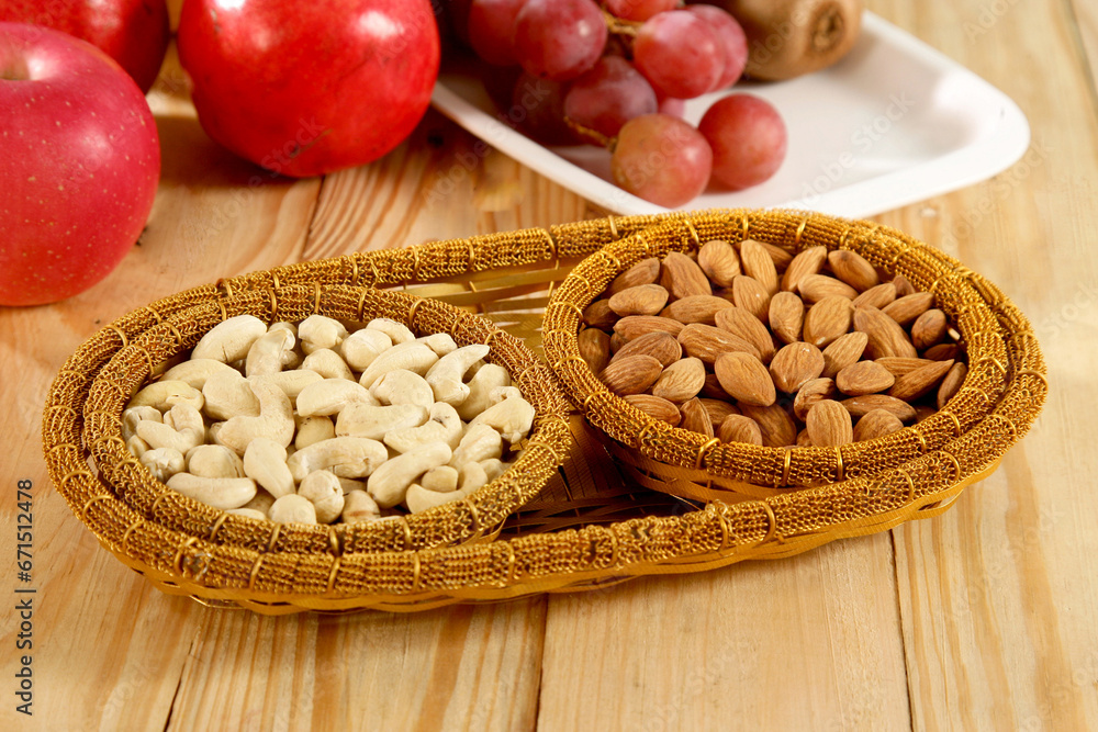 Cashew & Almond or kaju and badam in basket, Indian Dry Fruit Cashew & Almond or kaju and badam in basket, Indian Dry Fruit