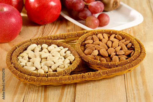 Cashew & Almond or kaju and badam in basket, Indian Dry Fruit 