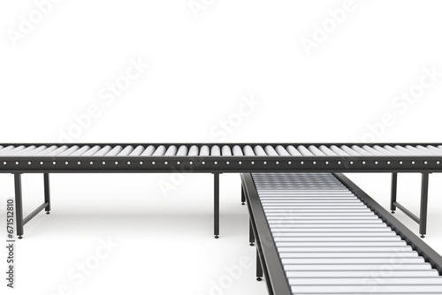 Conveyor line and roller, Automated belt for industrial production, 3D rendering.