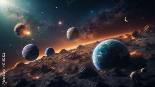 Planets, moon, stars in the sky, satellites and comets, cosmic landscape. Space and other worlds.