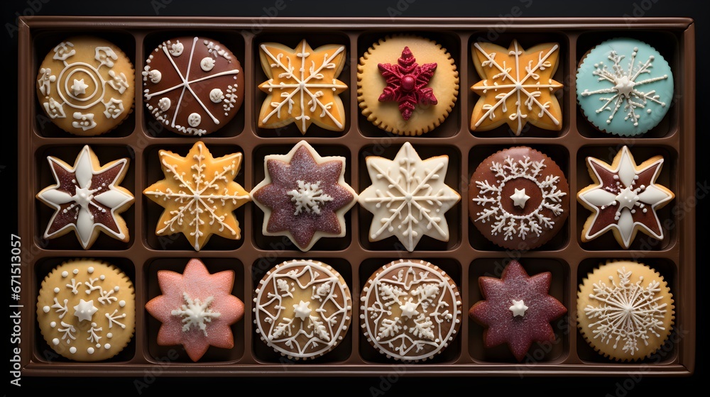 Beautiful cookies assorted close-up. dark wooden background horizontal view from above