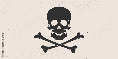 Death Skull Crossbones. Retro hand drawn white skull with cross bones on white pirate flag. Vintage poster with black skull skeleton on white background for celebration Halloween. Vector Illustration
