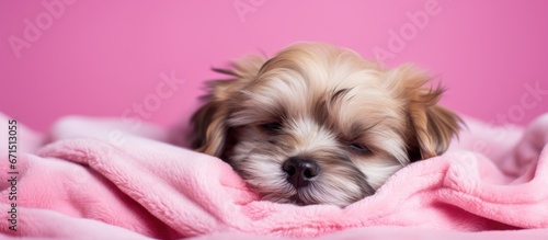 Shih Tzu puppy napping on pink quilt
