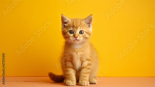 Orange background with little kitten sitting cat Isolated on yellow background