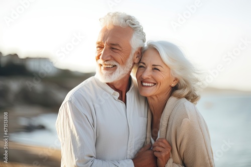 Romantic elderly couple enjoying spending some quality time together after retirement. Senior tenderness. Affectionate senior woman smiling happily while embracing her husband by the ocean.