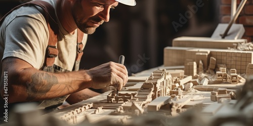 A male builder in a hard hat installs bricks on a construction site, architecture. Generative AI photo