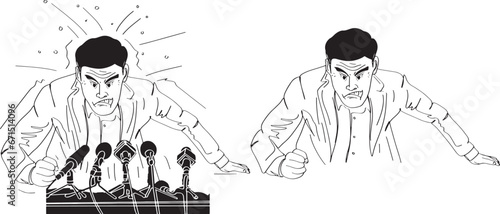 Cartoon Drawing of Angry Man at Press Conference - Illustration, Man Shouting at Press Reporters - Cartoon Sketch Drawing Illustration, Aggressive Politician Giving Speech at Press Conference 