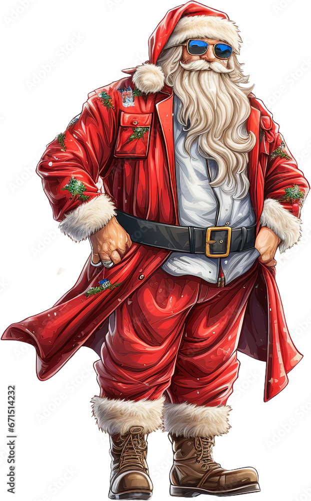 Isolated Watercolor Stylish Christmas Santa Claus with Sunglass Outfit