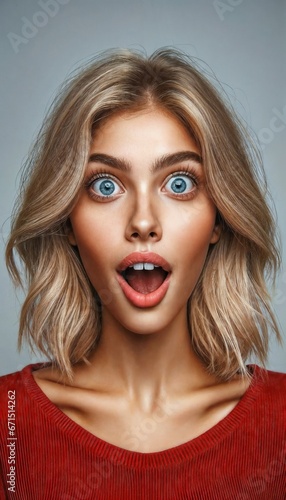 Close-up photo of a blonde woman's face with high clarity and sharpness, capturing her astonished reaction.