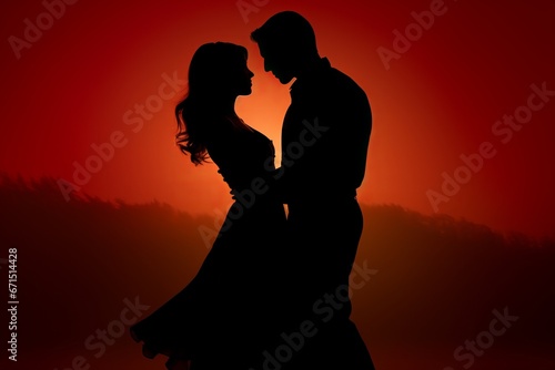 The silhouette of a romantic young couple in love, embracing against the sunset. Valentine's Day Greeting Card