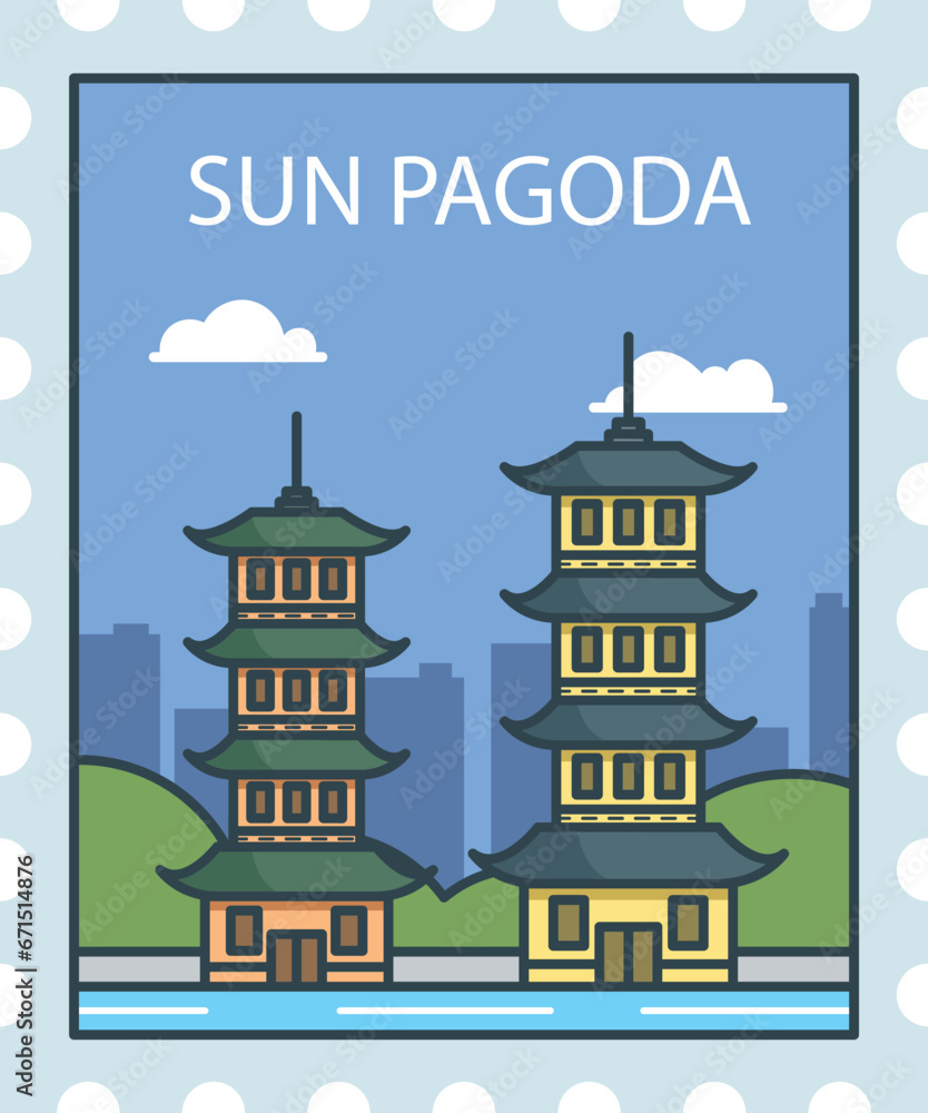 Flat colorful detailed postcard stamp with SUN AND MOON PAGODAS famous landmark and symbol of the Chinese city of GUILIN, CHINA
