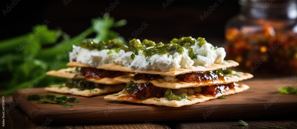 Tasty crackers topped with cottage cheese and spicy jalapeno jam placed on a rustic wooden table