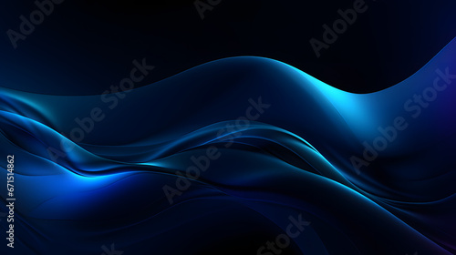 Black dark azure cobalt sapphire blue abstract background. Color gradient. Geometric shape. Wave, wavy curved line. Rough grunge grain noise. Light neon metallic shine shimmer bright. Generative AI.