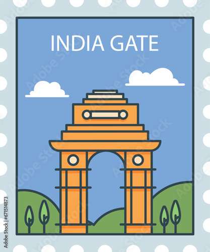 Flat colorful detailed postcard stamp with INDIA GATE famous landmark and symbol of the Indian city of NEW DELHI, INDIA