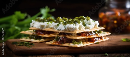 Tasty crackers topped with cottage cheese and spicy jalapeno jam placed on a rustic wooden table
