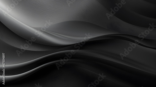 Black dark gray silver white wave abstract background for design. Light wave, wavy line. Ombre gradient. Noise rough grungy grain brushed metal metallic effect. Generative AI.