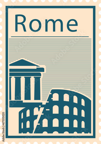 Flat bluish and pinkish detailed postcard stamp with COLOSSEUM and PANTHEON famous landmarks and symbols of the Italian city of ROME, ITALY
