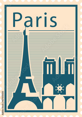 Flat bluish and pinkish detailed postcard stamp with EIFFEL TOWER and NOTRE DAME DE PARIS famous landmarks and symbols of the French city of PARIS, FRANCE