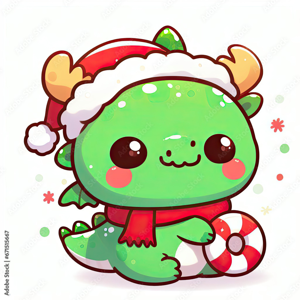 White background, cute character, green dragon, Christmas White background, cute character, green dragon, Christmas
