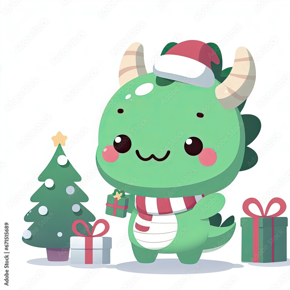 Naklejka premium White background, cute character, green dragon, Christmas