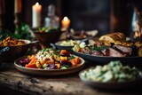 InstaFood Rustic Spread - A hearty meal spread out on a wooden table, capturing a rustic charm - AI Generated