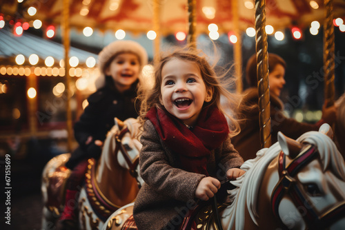 Christmas Market Carousel - Children joyfully riding a vintage carousel adorned with festive lights - AI Generated photo