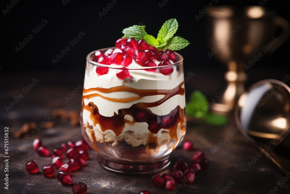 Dessert Delight - An enticing dessert paired with a garnish, soft-focus bokeh background - AI Generated Dessert Delight - An enticing dessert paired with a garnish, soft-focus bokeh background - AI Generated