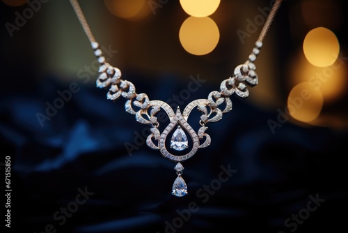 Elegant Jewelry Display - Close-up of a diamond necklace on a velvet stand, highlighting its intricate design - Product Shot - AI Generated