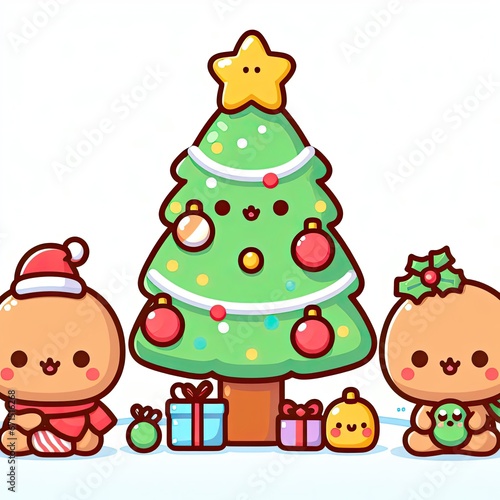White background  cute character  Christmas tree with toys