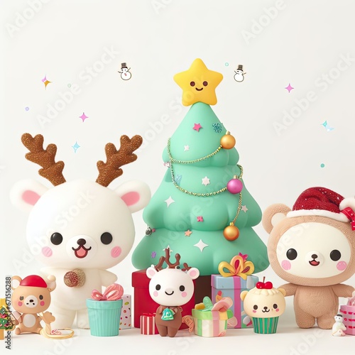 White background, cute character, Christmas tree with toys