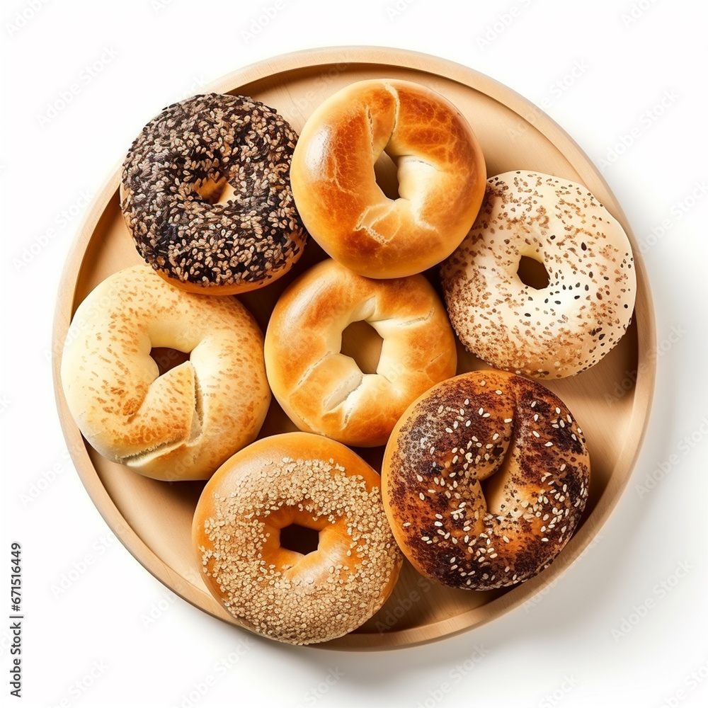 Bagels on plate top view on isolated white background - ai generative Bagels on plate top view on isolated white background - ai generative