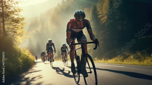A vibrant and engaging photo showcasing athletes participating in an road bike sport event, Cyclist cycling down a hill in the forrest. View from the side. Trees in the background and foreground photo