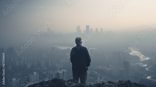 The elderly man wears a mask to protect himself from the harmful dust, smoke, and pollution that is present on the deteriorating high-rise building overlooking the panoramic view of the city.