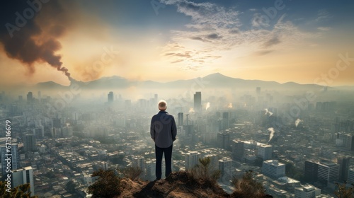 The elderly man wears a mask to protect himself from the harmful dust, smoke, and pollution that is present on the deteriorating high-rise building overlooking the panoramic view of the city. photo