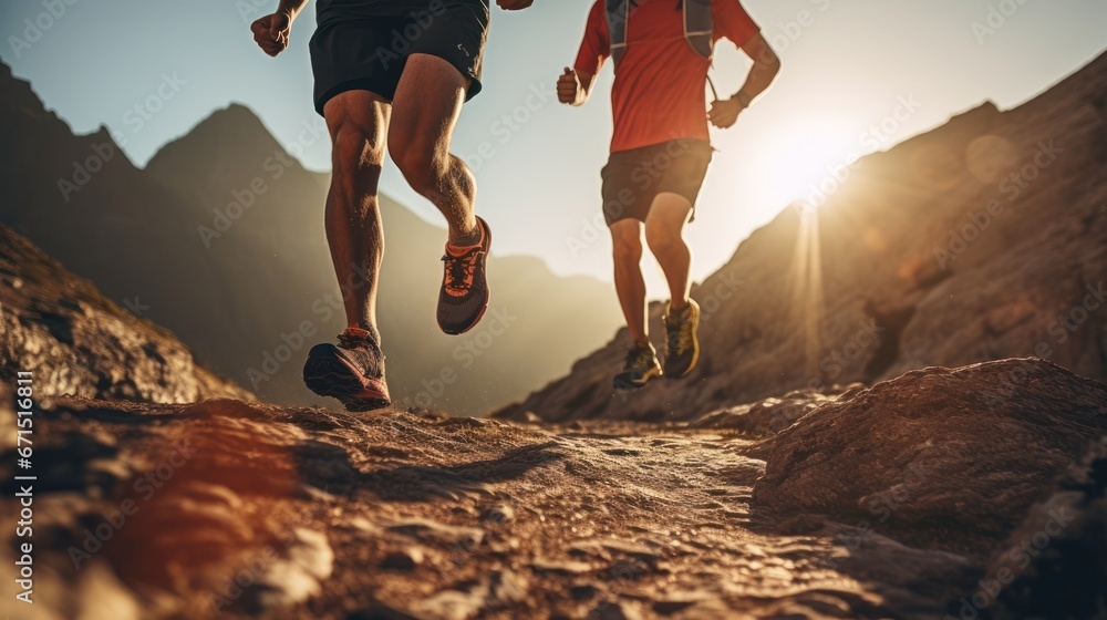 Running on a rocky trail, a close - up of a person's legs, detail of the shoe hitting the ground uphill. Healthy exercise concept. - obrazy, fototapety, plakaty 