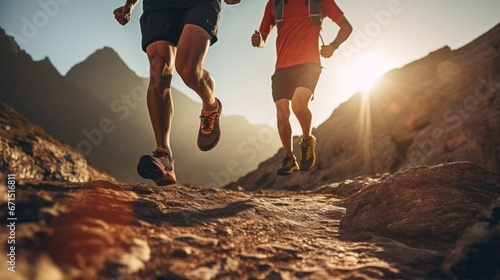 Running on a rocky trail, a close - up of a person's legs, detail of the shoe hitting the ground uphill. Healthy exercise concept. photo