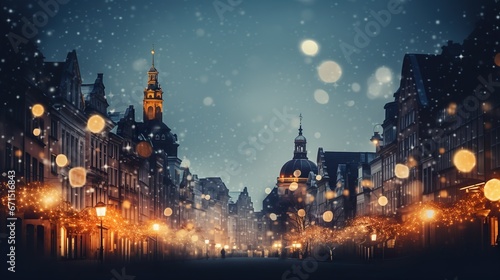Snowy cityscape with festive lights and historic architecture © Kaelith
