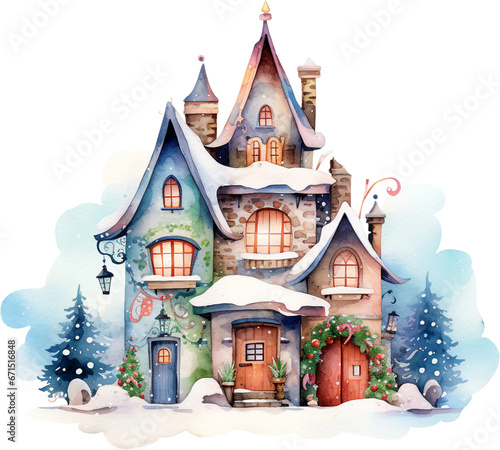 Isolated Watercolor Christmas Clipart of Traditional Village and Modern House Decor