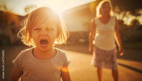 Cute angry child. Attention deficit hyperactivity disorder (ADHD) Concept.Angry boy or girl screaming,upset, sad, negative attitude.Stressed child, Kid with bad behavior stubborn.mental health.Autism  photo