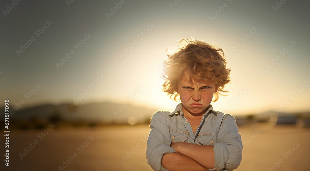 Cute angry child. Attention deficit hyperactivity disorder (ADHD) Concept.Angry boy or girl screaming,upset, sad, negative attitude.Stressed child, Kid with bad behavior stubborn.mental health.Autism  - obrazy, fototapety, plakaty 
