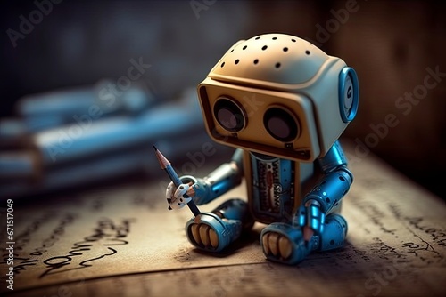 robot on a table holding pen. creative ia concept.
