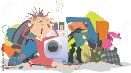 Young woman, dirty laundry and washing machine. Cartoon young woman with sitting near washing machine and big pile of dirty laundry