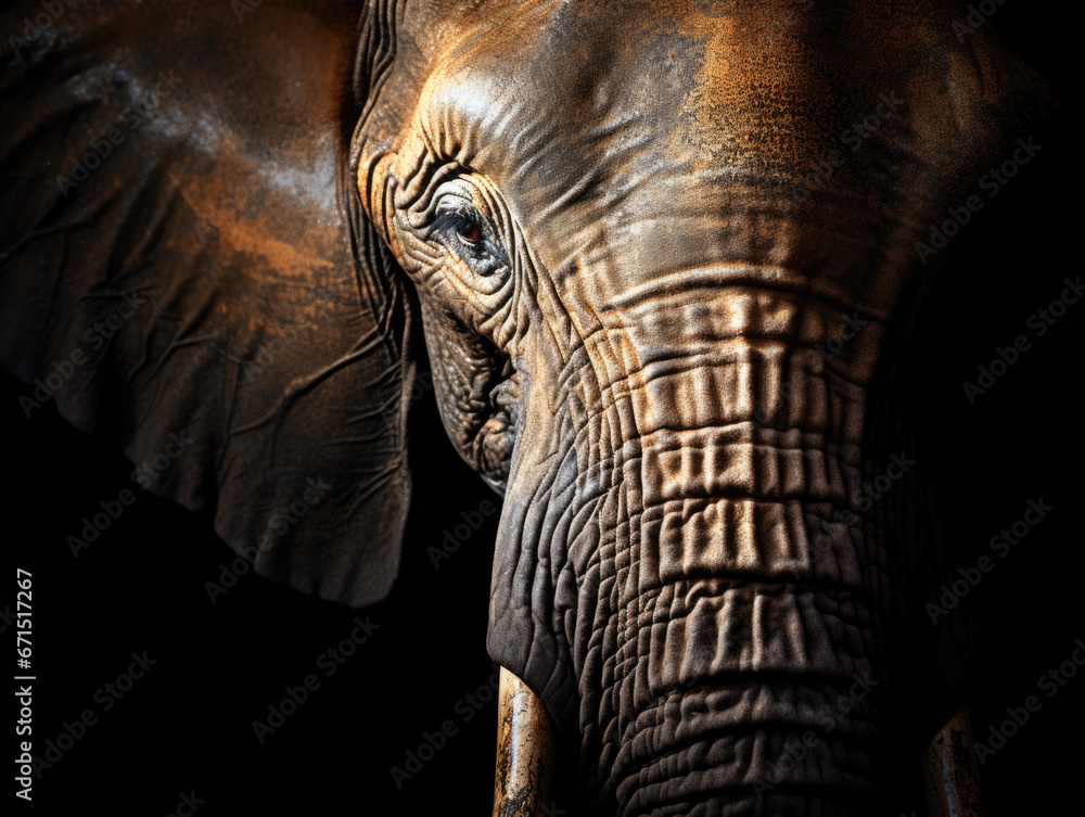 Careful framing capturing the close-up of the elephant head, night photography, play of light and shade, and graceful balance. Careful framing capturing the close-up of the elephant head, night photography, play of light and shade, and graceful balance.