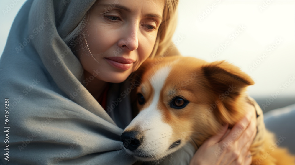 Woman with her dog, hugging together at home. lifestyle and friendship with pets.