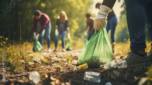 The volunteer group is working together to collect garbage in the public park for a better environment.